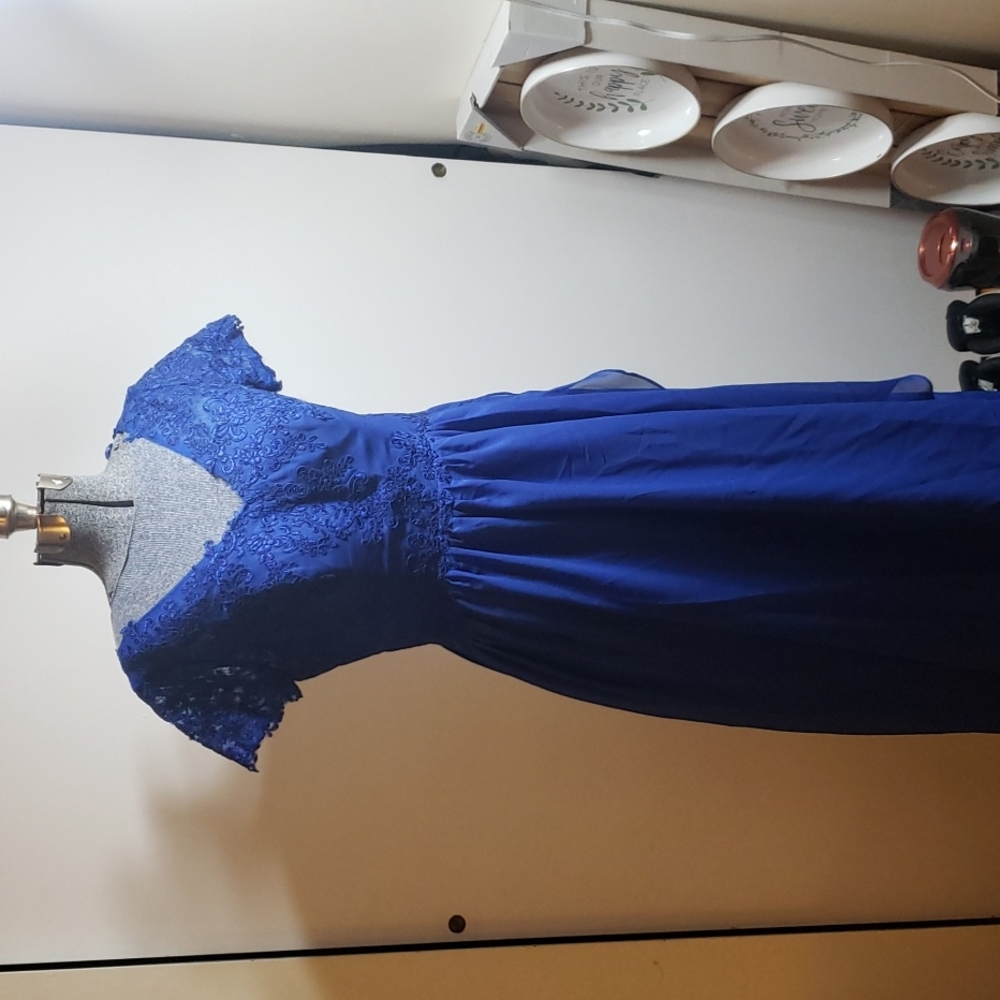 Royal blue formal dress lace with embellishment on top corset back.